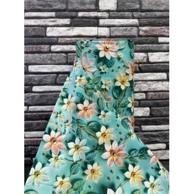 Material Satinat 5D pentru Lenjerii de Pat – Bumbac 100%, 240 cm Latime, 30 ml – Ideal pentru Constructia de Lenjerii de Pat si Decoruri Elegante - 01 flori bleu